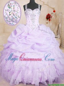 Floor Length Lace Up Quinceanera Gown Lavender and In for Military Ball and Sweet 16 and Quinceanera with Beading and Ruffles and Pick Ups