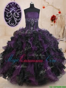 Sleeveless Organza Floor Length Lace Up Ball Gown Prom Dress in Black And Purple for with Beading and Ruffles
