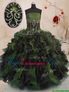Multi-color Ball Gown Prom Dress Military Ball and Sweet 16 and Quinceanera and For with Beading and Ruffles Strapless Sleeveless Lace Up