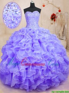 Wonderful Floor Length Lavender Sweet 16 Quinceanera Dress Organza Sleeveless Beading and Ruffles