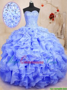 Popular Purple Organza Lace Up Sweetheart Sleeveless Floor Length Ball Gown Prom Dress Beading and Ruffles