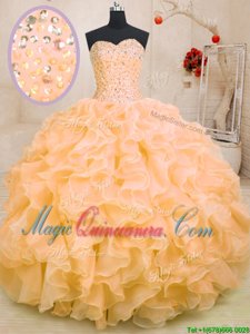 Inexpensive Sleeveless Beading and Ruffles Lace Up Quince Ball Gowns