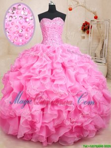 Cute Sweetheart Sleeveless Organza Quince Ball Gowns Beading and Ruffles Lace Up
