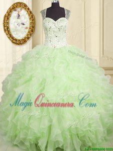 Straps Sleeveless Lace Up Quinceanera Dress Yellow Green Organza