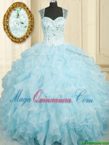 Straps Sleeveless Lace Up 15th Birthday Dress Baby Blue Organza