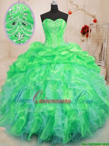 Floor Length Green 15 Quinceanera Dress Organza Sleeveless Beading and Ruffles