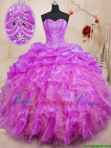 Fuchsia Sweetheart Lace Up Beading and Ruffles Vestidos de Quinceanera Sleeveless
