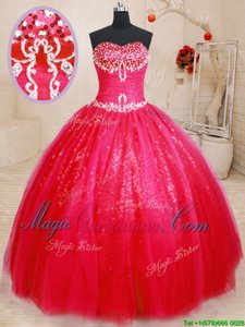 Unique Tulle and Sequined Sweetheart Sleeveless Lace Up Beading Quinceanera Dresses in Red