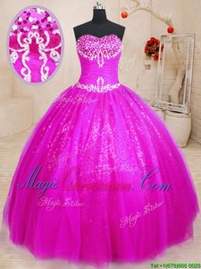 Sweetheart Sleeveless Tulle and Sequined Quinceanera Gowns Beading Lace Up