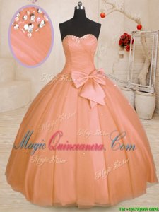 Super Tulle Sleeveless Floor Length 15th Birthday Dress and Beading and Bowknot