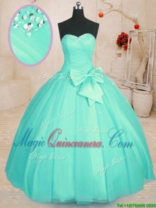 Aqua Blue Sweetheart Neckline Beading and Bowknot Quinceanera Dresses Sleeveless Lace Up