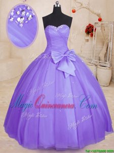 Graceful Lavender Sleeveless Floor Length Beading and Bowknot Lace Up Quinceanera Gown