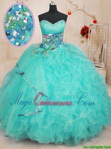 Spectacular Floor Length Aqua Blue 15th Birthday Dress Organza Sleeveless Beading and Ruffles