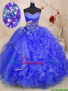 Adorable Royal Blue Organza Lace Up Sweetheart Sleeveless Floor Length Sweet 16 Dress Beading and Ruffles