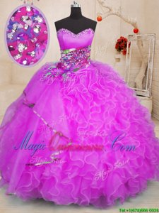 Purple Ball Gowns Beading and Ruffles 15 Quinceanera Dress Lace Up Organza Sleeveless Floor Length