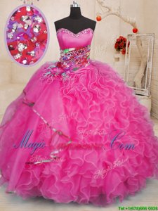 Gorgeous Sweetheart Sleeveless Sweet 16 Dress Floor Length Beading and Ruffles Hot Pink Organza