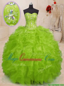Sleeveless Organza Floor Length Lace Up Ball Gown Prom Dress in Yellow Green for with Beading and Ruffles