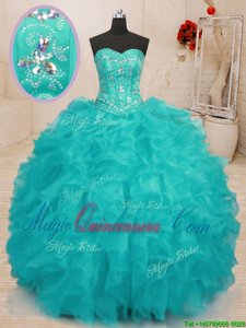 Glorious Beading and Ruffles Sweet 16 Quinceanera Dress Aqua Blue Lace Up Sleeveless Floor Length