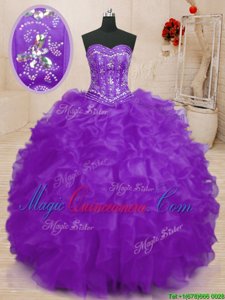 Low Price Purple Sleeveless Beading and Ruffles Floor Length Quinceanera Gowns