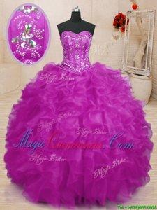 Inexpensive Fuchsia Sleeveless Floor Length Beading and Ruffles Lace Up 15th Birthday Dress