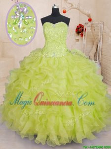 Sleeveless Organza Floor Length Lace Up 15th Birthday Dress in Yellow Green for with Beading and Ruffles
