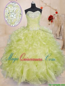 Deluxe Yellow Green Ball Gowns Beading and Ruffles 15 Quinceanera Dress Lace Up Organza Sleeveless Floor Length