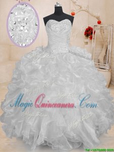Artistic White Lace Up Sweetheart Beading and Ruffles Quinceanera Dress Organza Sleeveless