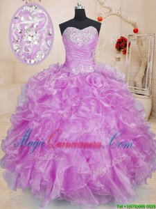 Organza Sweetheart Sleeveless Lace Up Beading and Ruffles Sweet 16 Quinceanera Dress in Lilac