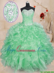 Low Price Sleeveless Floor Length Beading and Ruffles and Pick Ups Lace Up 15 Quinceanera Dress with Apple Green