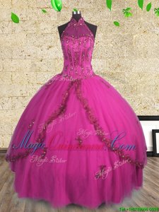 Captivating Halter Top Sleeveless Floor Length Beading Lace Up Quinceanera Dress with Fuchsia