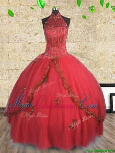 Free and Easy Halter Top Floor Length Red 15th Birthday Dress Tulle Sleeveless Beading