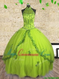 Fancy Ball Gowns Quinceanera Gown Yellow Green Halter Top Tulle Sleeveless Floor Length Lace Up