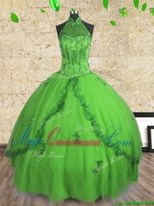 Halter Top Beading Quinceanera Gowns Lace Up Sleeveless Floor Length