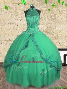 Turquoise Halter Top Neckline Beading Vestidos de Quinceanera Sleeveless Lace Up