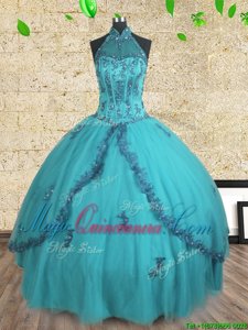 Ball Gowns Quinceanera Dresses Teal Halter Top Tulle Sleeveless Floor Length Lace Up