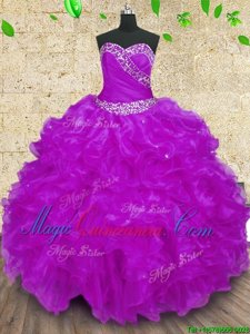Hot Selling Purple Lace Up Halter Top Beading and Ruffles and Ruching Sweet 16 Dress Organza Sleeveless