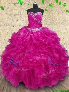 Fuchsia Lace Up Sweet 16 Dress Beading and Ruffles and Ruching Sleeveless Floor Length