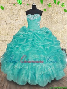 Sweet Aqua Blue Lace Up Sweetheart Beading and Ruffles and Ruching Vestidos de Quinceanera Organza Sleeveless