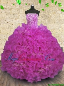 Fuchsia Quinceanera Gown Military Ball and Sweet 16 and Quinceanera and For with Beading and Ruffles Strapless Sleeveless Lace Up