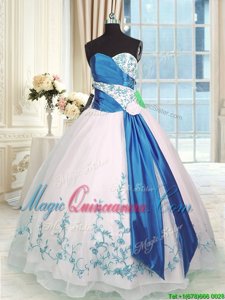 Glamorous Blue And White Organza Lace Up Sweetheart Sleeveless Floor Length Sweet 16 Quinceanera Dress Embroidery and Sashes|ribbons