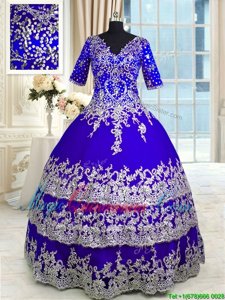 Dynamic Ruffled V-neck Half Sleeves Zipper Ball Gown Prom Dress Blue Satin and Tulle