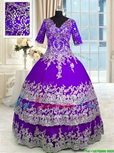 V-neck Half Sleeves Tulle Sweet 16 Dress Beading and Appliques and Ruffled Layers Zipper