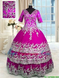 Custom Designed Zipper Quinceanera Gown Fuchsia and In for Military Ball and Sweet 16 and Quinceanera with Beading and Appliques and Ruffled Layers