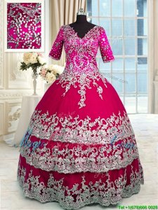 Half Sleeves Floor Length Beading and Appliques and Ruffled Layers Zipper Quinceanera Dress with Red and Hot Pink
