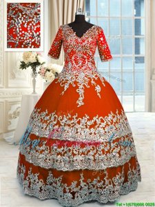 Nice V-neck Half Sleeves Zipper Ball Gown Prom Dress Orange Red Tulle