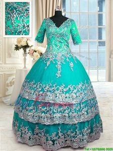 Hot Selling Satin Half Sleeves Floor Length Quinceanera Gown and Beading and Lace and Appliques and Ruffled Layers