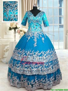 Floor Length Teal Quinceanera Dress Tulle Half Sleeves Beading and Lace and Appliques and Ruffled Layers