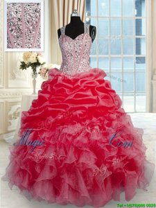 Stylish Red Organza Zipper Quinceanera Dress Sleeveless Floor Length Beading and Ruffles