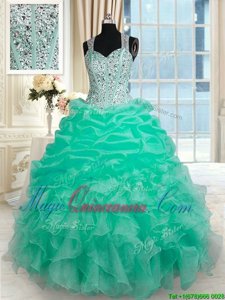 Exceptional Turquoise Straps Zipper Beading and Ruffles Sweet 16 Dresses Sleeveless