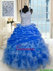 Custom Design Straps Sleeveless Organza Sweet 16 Dresses Beading and Ruffles and Pick Ups Zipper